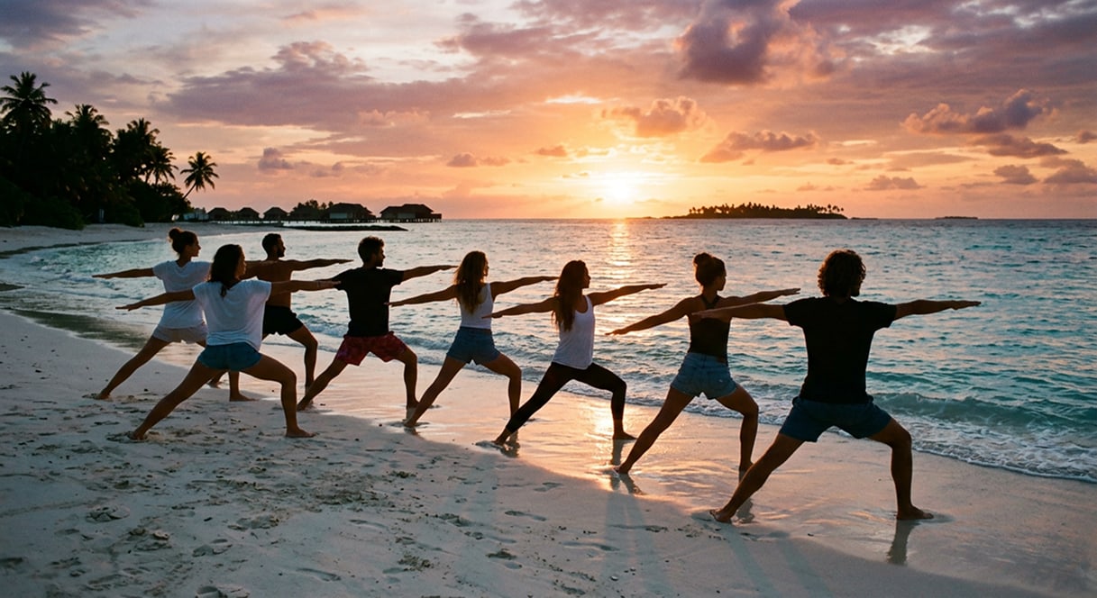 On thte Beach Maldives yoga 4 Yoga on the beach group